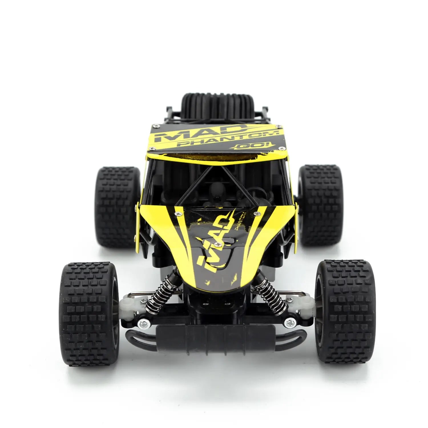 Black and yellow mad phantom 480 remote-controlled off-road buggy with rugged tires and detailed suspension for versatile terrain performance.