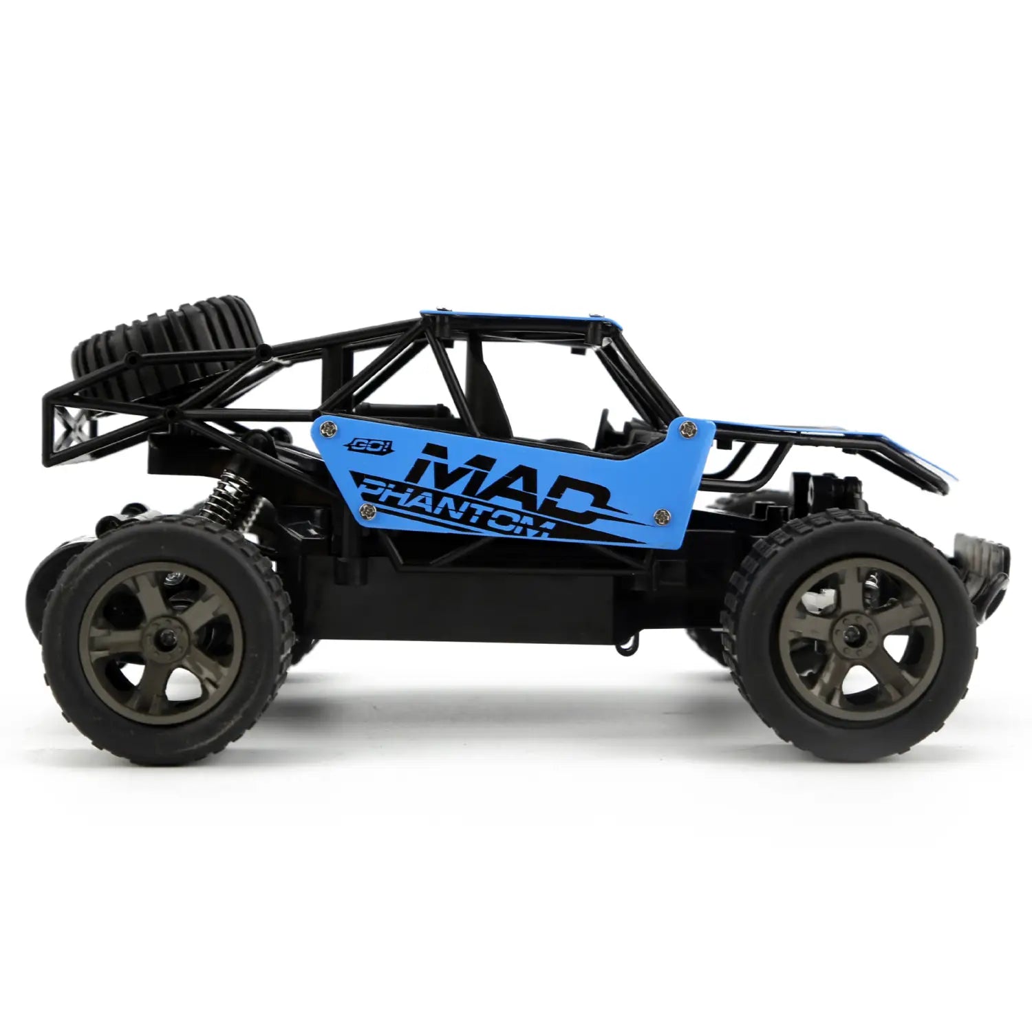 Black and blue rc drift car mad phantom off-road buggy 2.4g with mad phantom branding on the side designed for rugged terrain and remote control use.