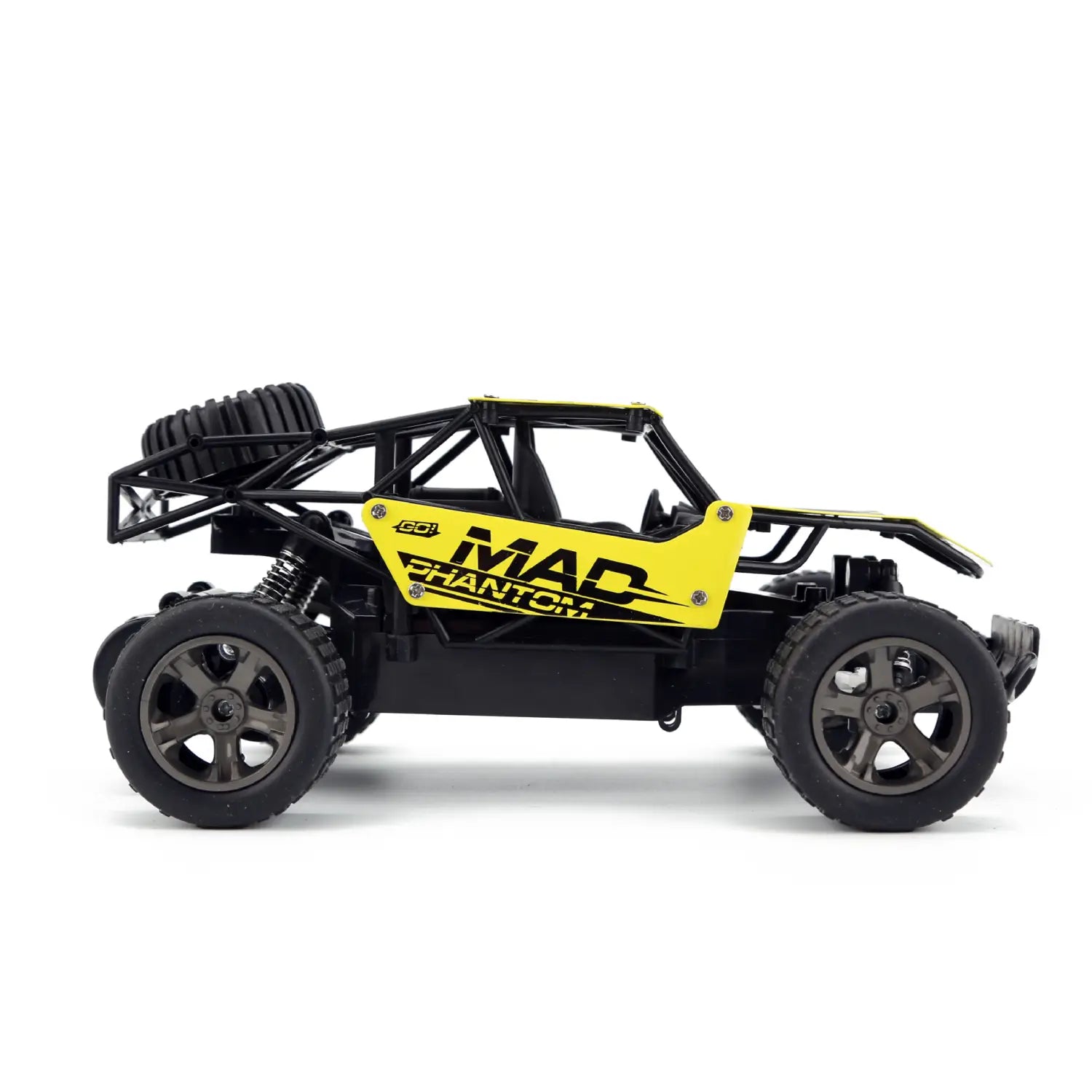 Black and yellow rc drift car mad phantom off-road buggy 2.4g with remote-controlled capability and mad phantom branding on the side.