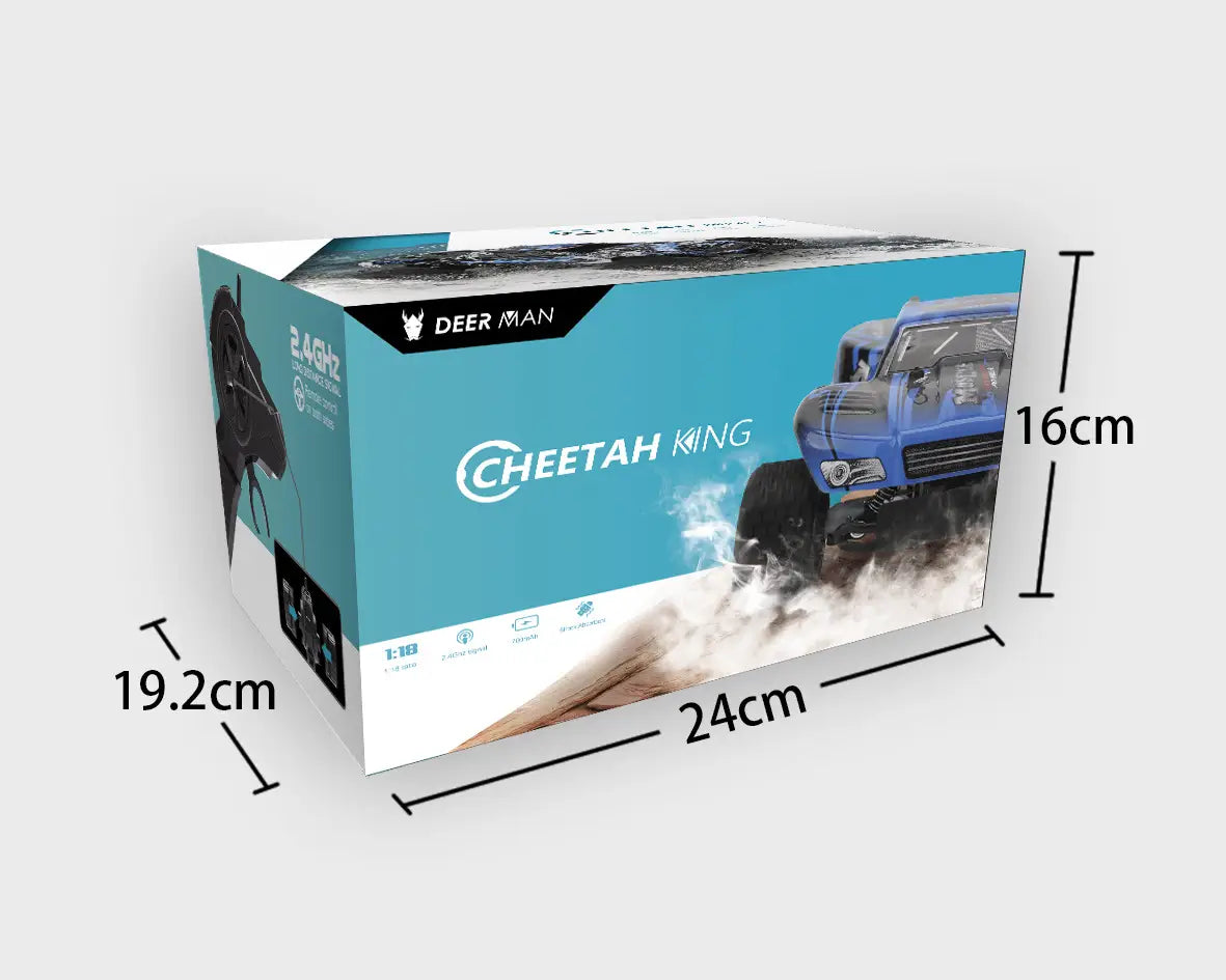 Blue and black cheetah king remote-controlled off-road truck in a deer man branded box for Rc Drift Car Mad Phantom Off-road Buggy 2.4g.