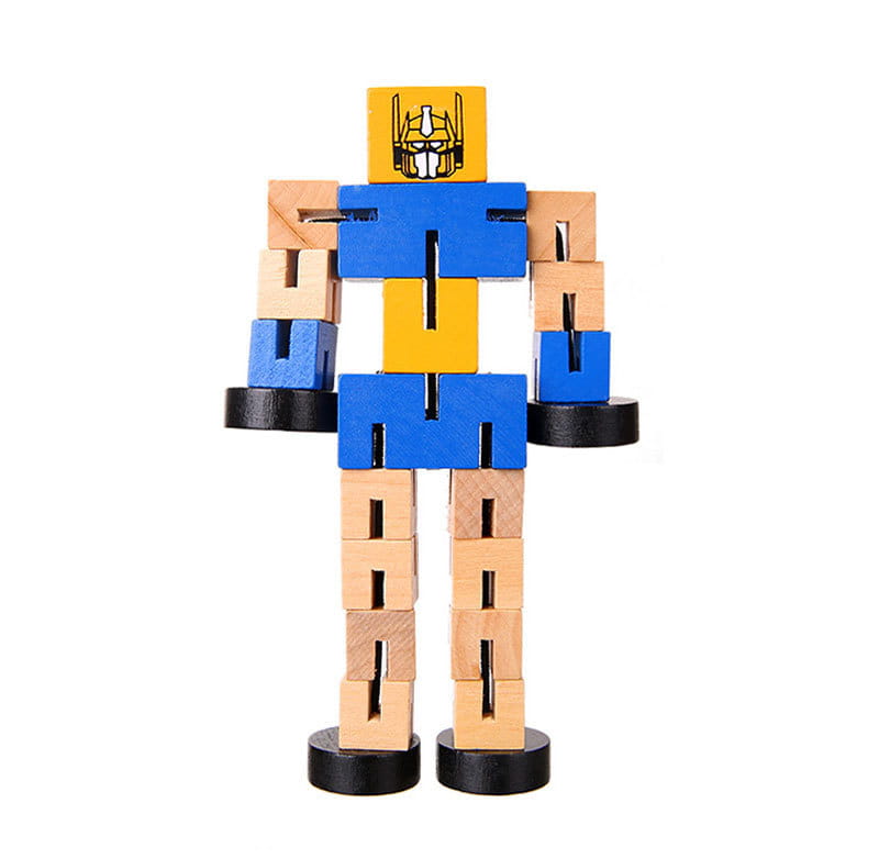 Un colorido juguete de robot de madera ensamblado a partir de bloques entrelazables, con una cabeza amarilla que presenta un diseño de rostro tipo Optimus Prime y secciones de torso azul, perteneciente a la colección de figuras modulares tipo rompecabezas de juguetes de robot de madera para niños.