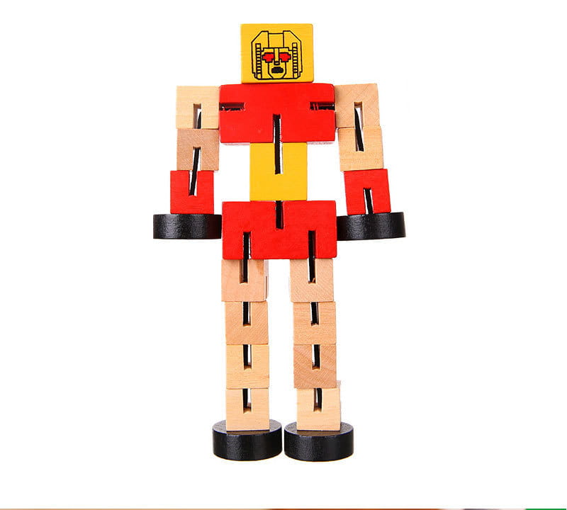 Un colorido juguete de robot de madera con cabeza amarilla, torso y extremidades rojas, articulaciones de madera con color natural, pies circulares negros y manos, de los juguetes de robot de madera, figuras modulares tipo rompecabezas para niños.