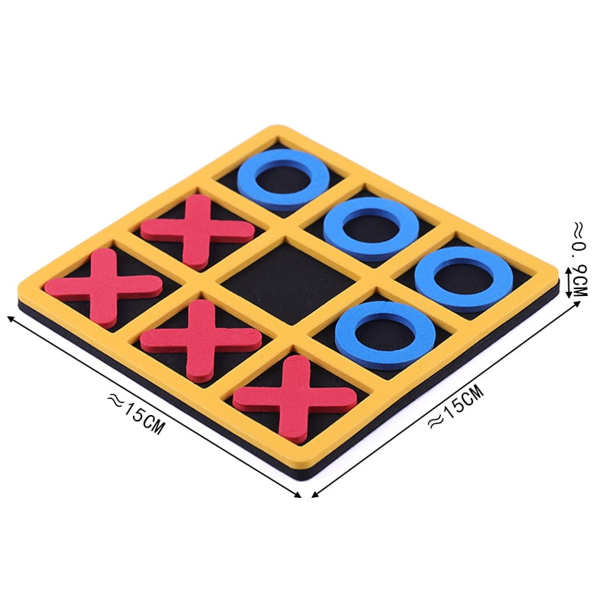 Jeu de morpion en bois coloré pour enfants et adultes, présentant des croix rouges et des cercles bleus « O » encadrés dans un cadre jaune.