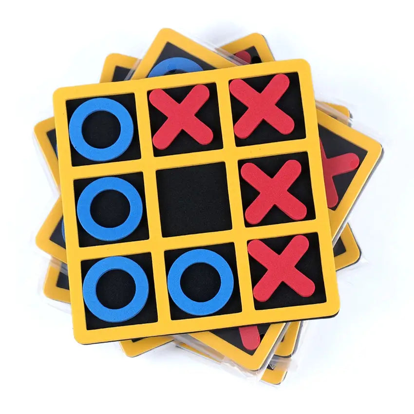 Jeu de morpion en bois pour enfants et adultes, présentant un cadre jaune avec des pièces en mousse bleues et rouges sur une grille noire.