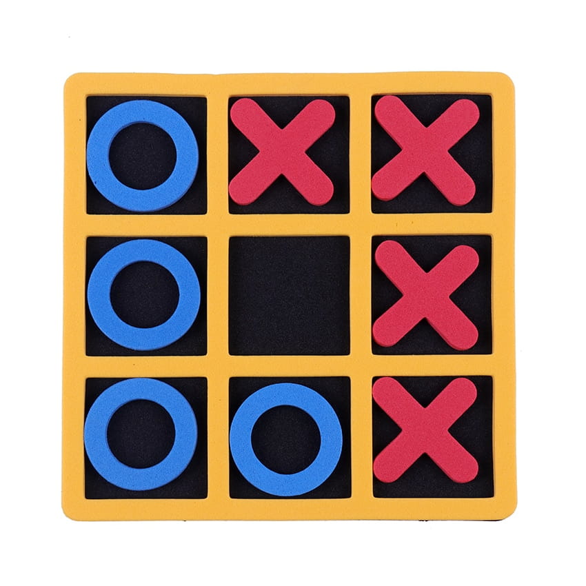 Jeu de morpion en bois pour enfants et adultes, présentant un plateau en mousse jaune avec des carrés noirs en creux contenant des « o » bleus et des « x » rouges.