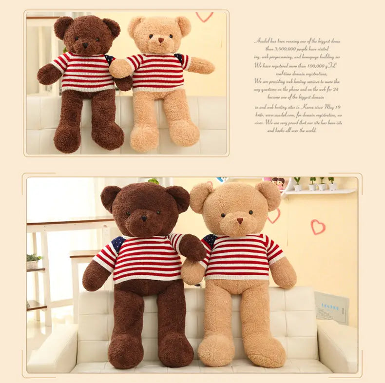 Peluches de osos de peluche marrones y beige que llevan suéteres de punto a rayas rojas y blancas con parches de bandera estadounidense en las mangas, con medidas de 55 cm
