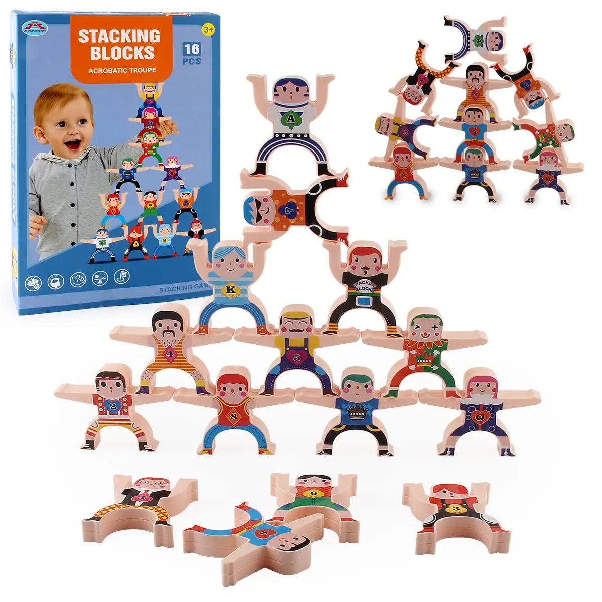 Colorful wooden acrobatic figure stacking blocks with playful painted designs in the Hercules Stacking Blocks wooden balance toy 12 pieces set.