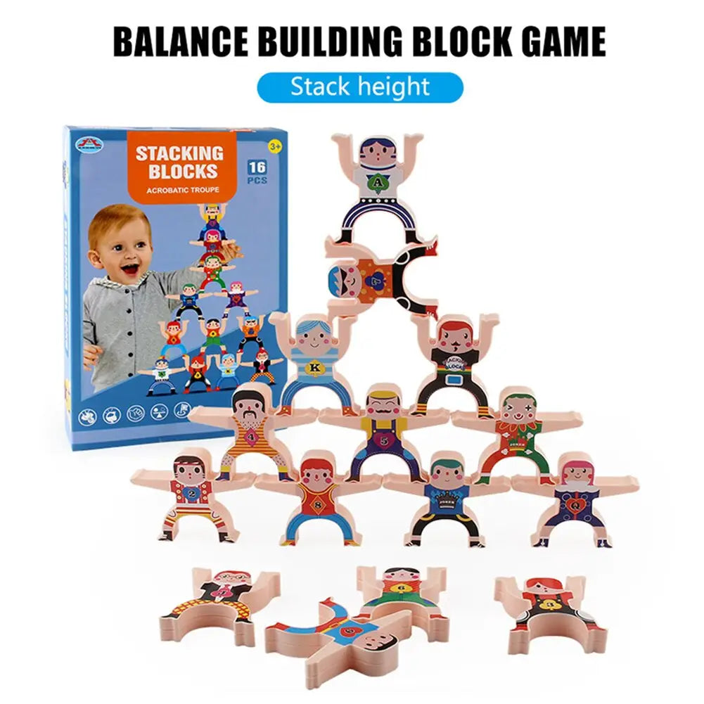 Colorful vibrant wooden stacking blocks shaped like acrobats featuring painted faces and outfits from the Hercules stacking blocks wooden balance toy set of 12 pieces.