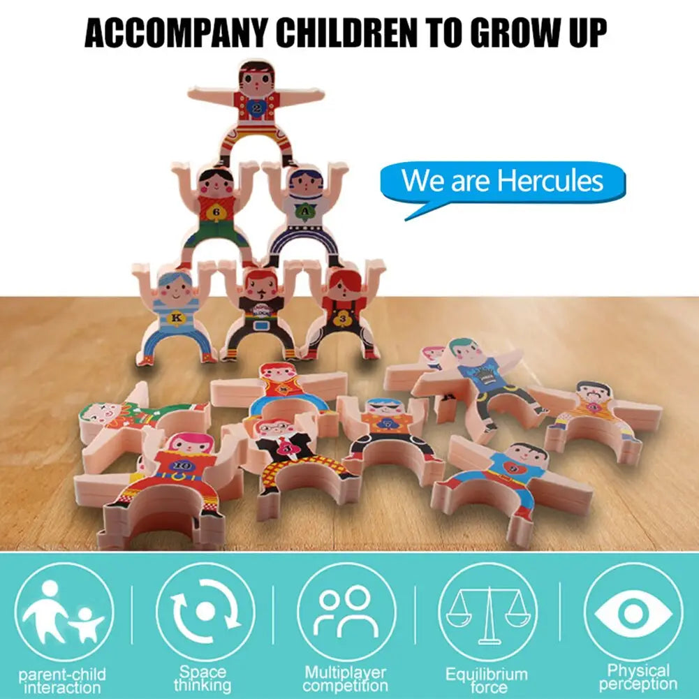 wooden hercules stacking blocks with colorful printed superhero designs featuring 12 pieces for balance and coordination development.