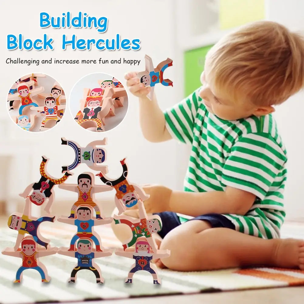 Colorful wooden Hercules stacking blocks featuring 12 interlocking puzzle pieces designed as balance toy figures of Hercules and his companions.