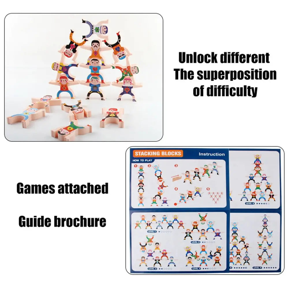 Hercules stacking blocks wooden balance toy 12 pieces featuring colorful cartoon figures in various poses designed for building towers of increasing difficulty.