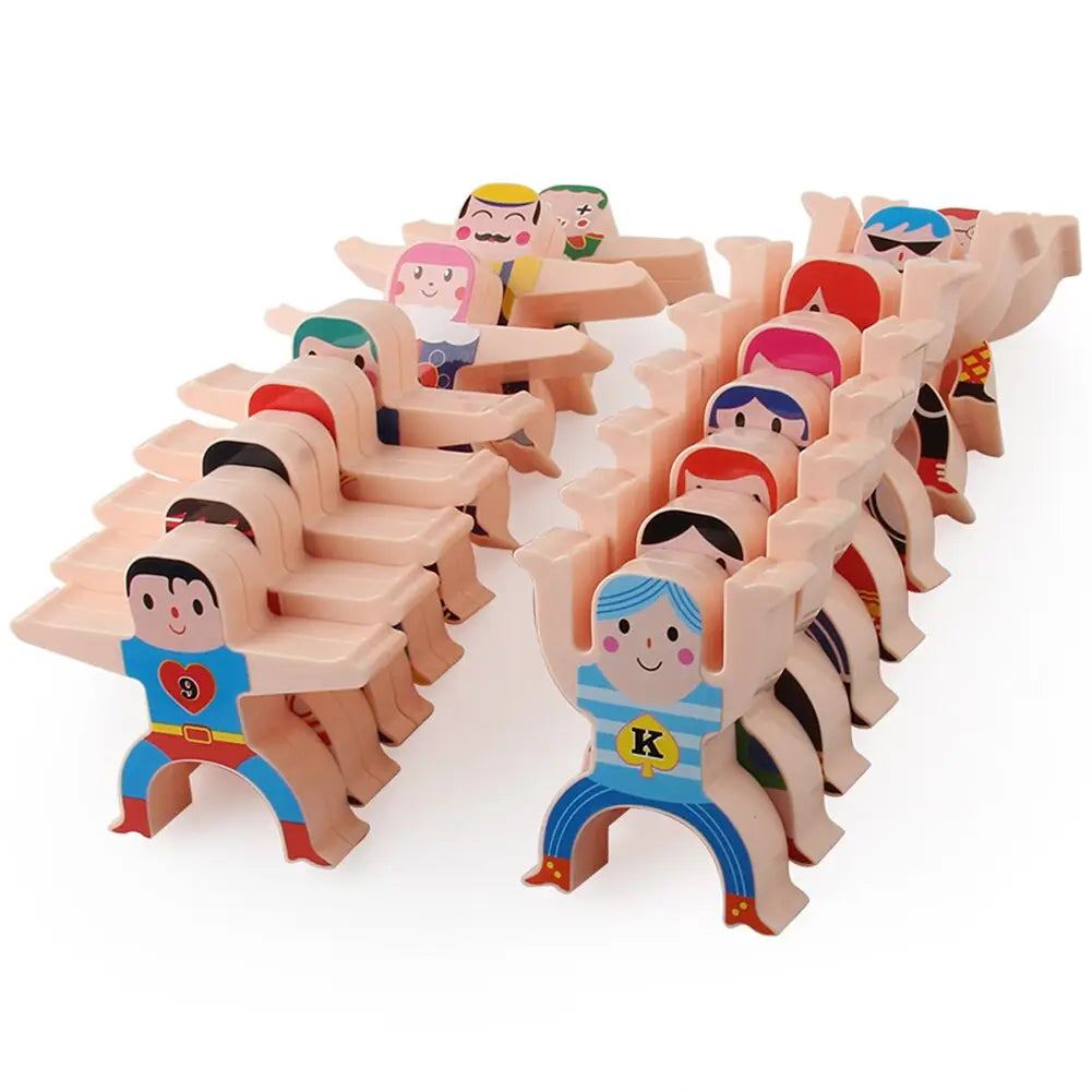 a set of colorful wooden stacking blocks featuring superhero-themed cartoon faces in the hercules stacking blocks wooden balance toy 12 pieces.