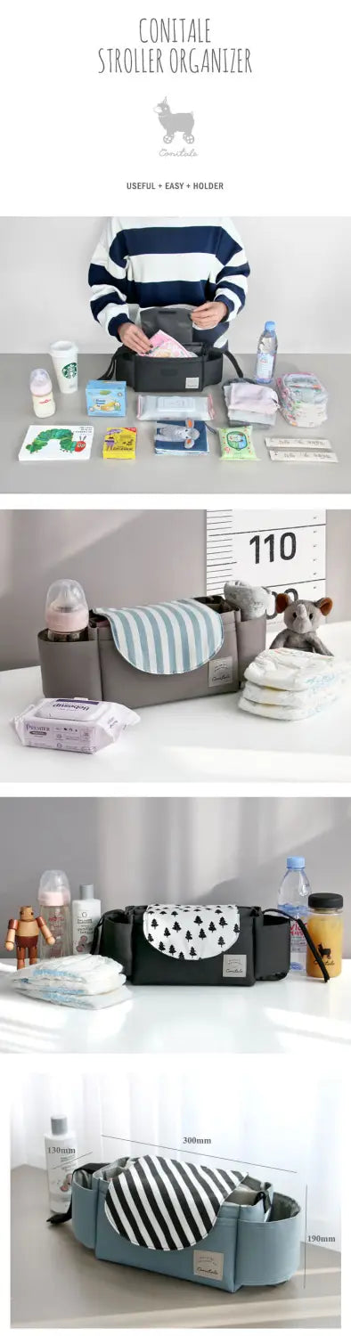 Gray and black striped stroller organizer bag with multi storage pockets and multiple compartments for baby essentials.