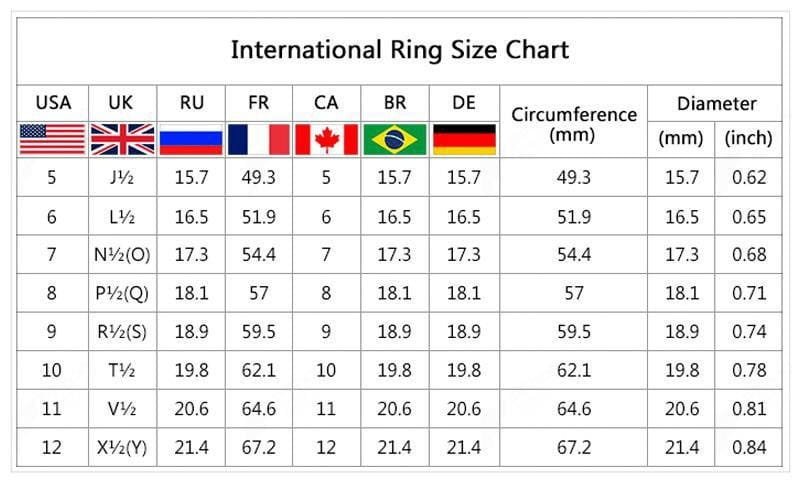 international ring size chart displaying measurements in usa uk ru fr ca br and de standards for heart shaped zircon engagement ring in white gold plating.