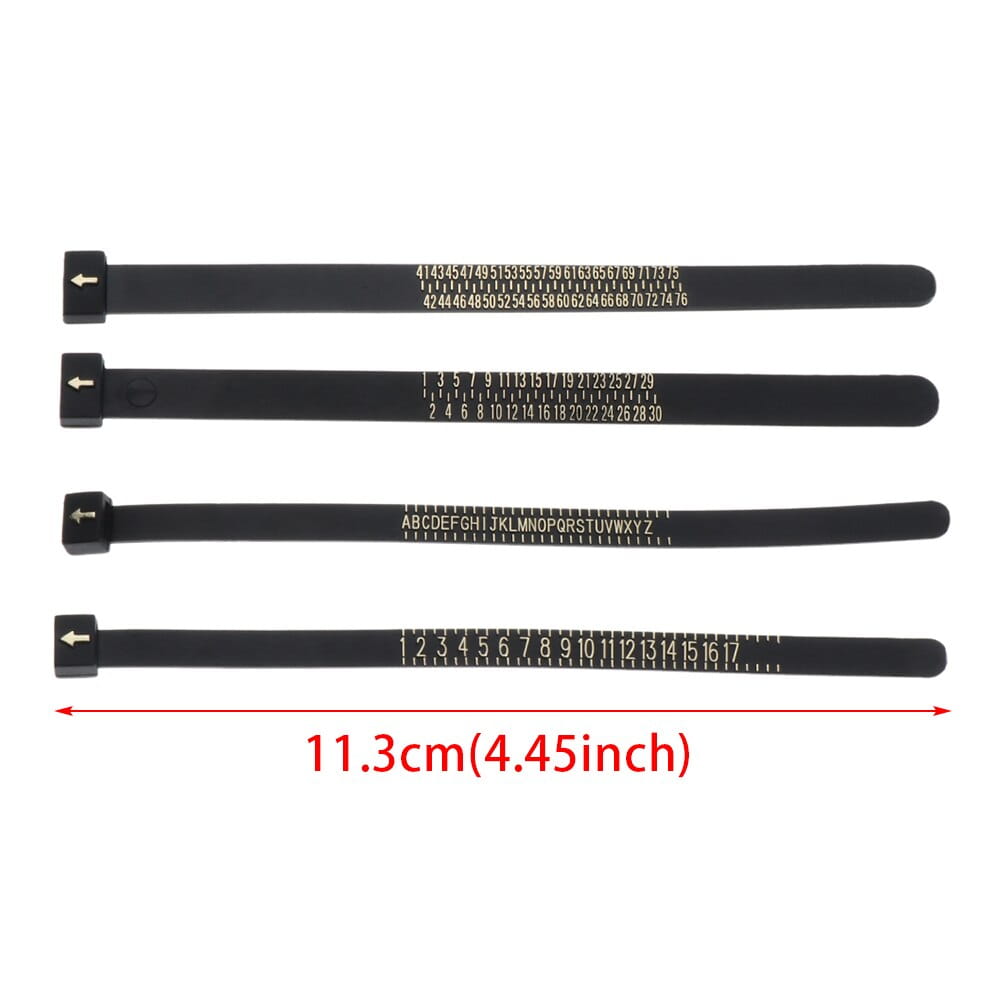 Set of four black plastic zip ties with measurement markings for professional multi scale ring and bracelet sizer gauge tool.