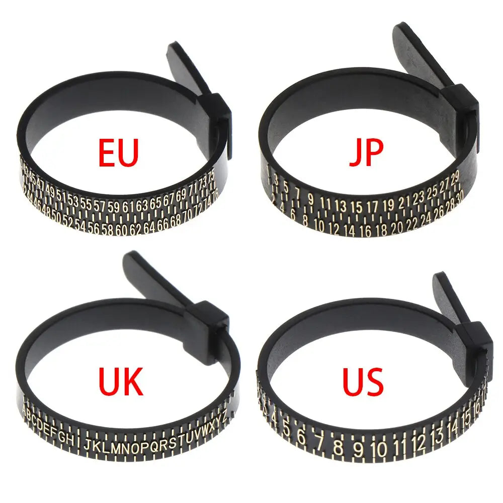 black plastic professional multi scale ring and bracelet sizer gauge tool with engraved measurement markings for eu jp uk and us sizing systems