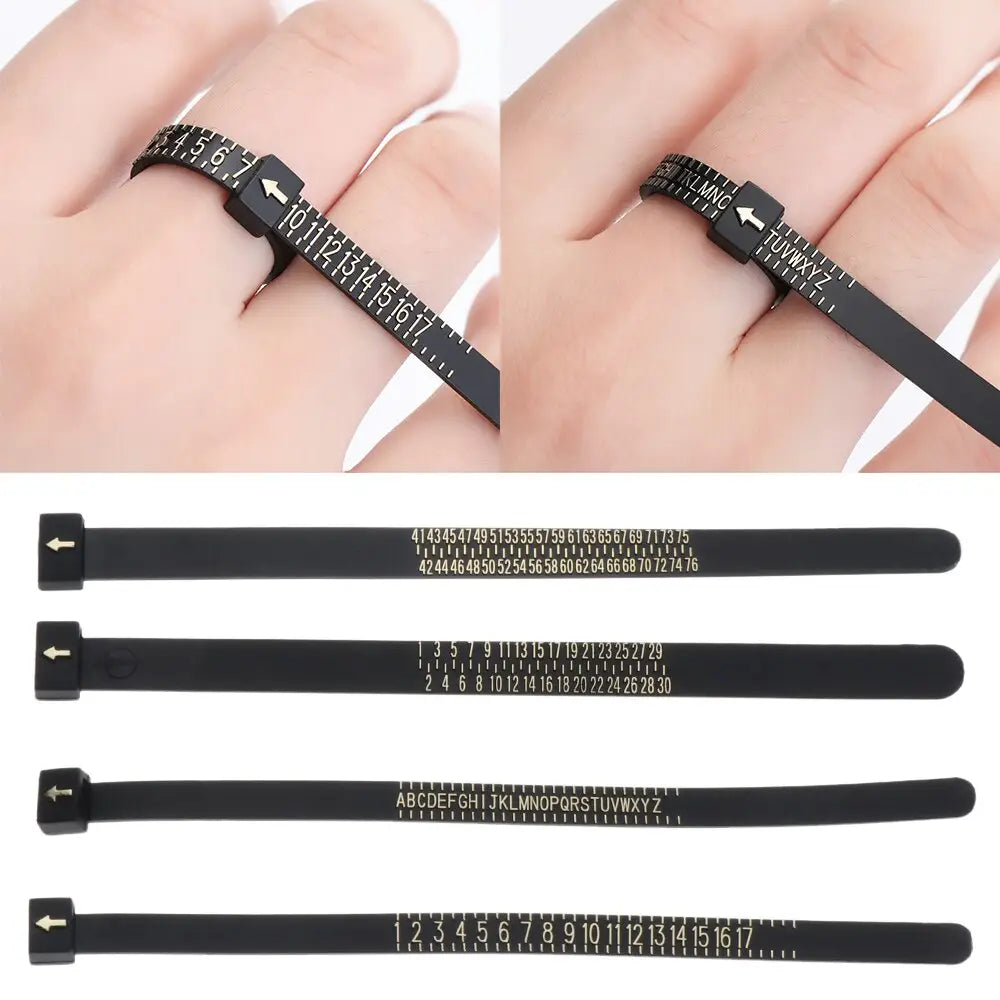 Black plastic professional multi scale ring and bracelet sizer gauge tool with white measurement markings and a sliding clasp.
