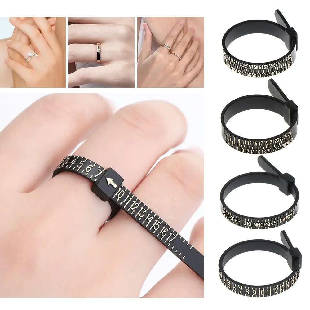 Professional multi scale ring and bracelet sizer gauge tool made of black plastic with white measurement markings and a sliding arrow indicator for precise sizing.