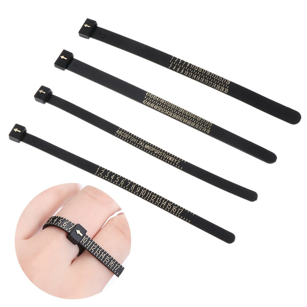 Professional multi scale ring and bracelet sizer gauge tool black plastic with measurement markings and locking tab.