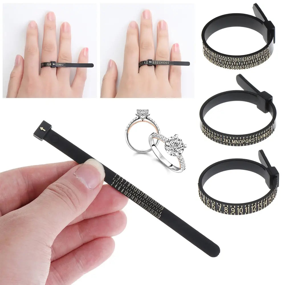 Professional multi scale ring and bracelet sizer gauge tool featuring a black plastic ring sizer with a white measurement scale printed on its surface.