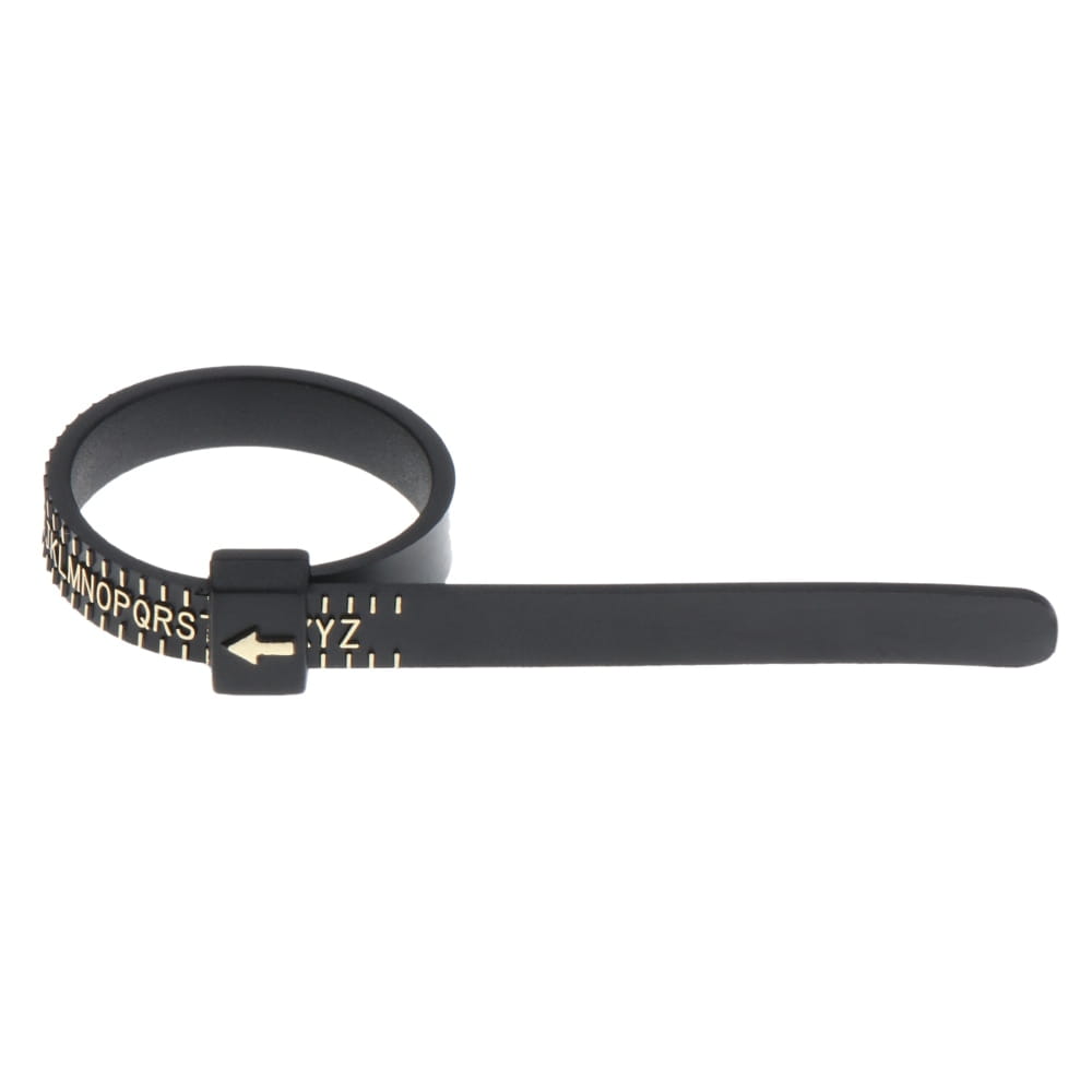 Black rubber professional multi scale ring and bracelet sizer gauge tool with gold-colored letter and number markings for accurate sizing.