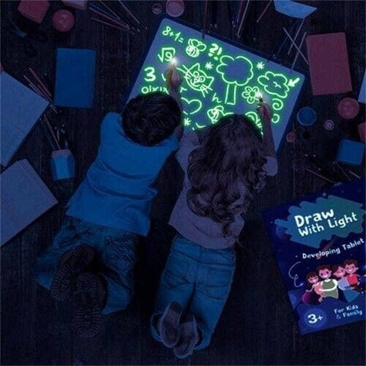 Glowing green 3d magic glow drawing pad kids light up sketchpad featuring illuminated numbers shapes and cartoon characters on an interactive tablet.