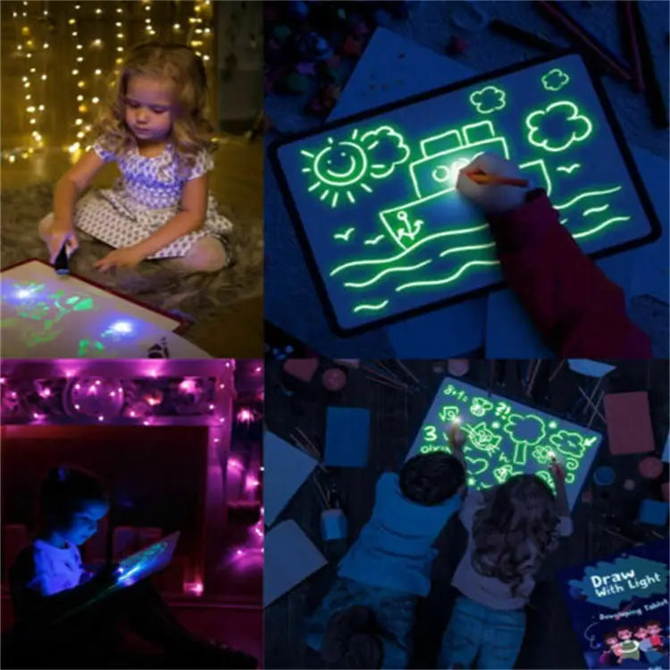 Glow-in-the-dark 3d magic glow drawing pad with a black frame and neon green illuminated lines for kids to draw and sketch.