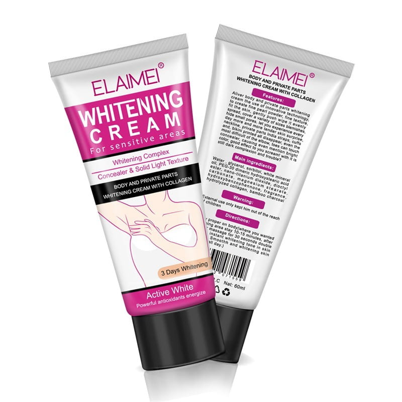 Crème blanchissante Elaimei pour les zones sensibles, en tube blanc et rose avec des accents noirs, contenant du collagène pour illuminer la peau.