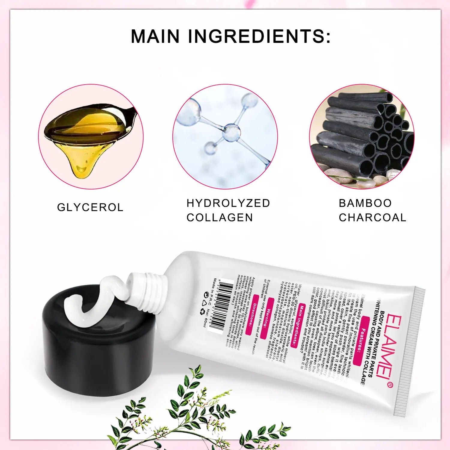 Tube blanc de la marque Flame de crème blanchissante pour les zones sensibles, avec du collagène, contenant de la glycérine et du collagène hydrolysé, ainsi que du charbon de bambou, avec un capuchon noir