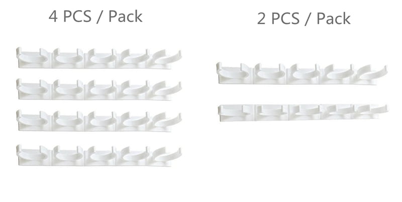 White plastic wall-mounted coat hooks with adhesive clips available in packs of four or two for spice rack organizer wall mount use.