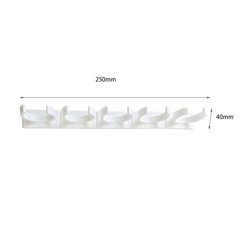 white plastic wall-mounted spice rack organizer with five evenly spaced adhesive hooks for kitchen storage