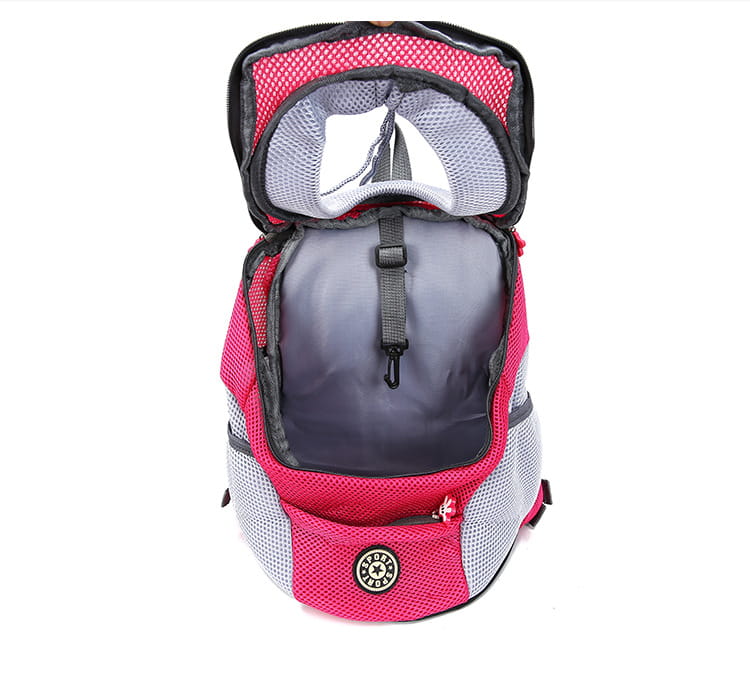 Pink and gray breathable mesh dog backpack pet carrier with a circular logo on the front designed for travel.
