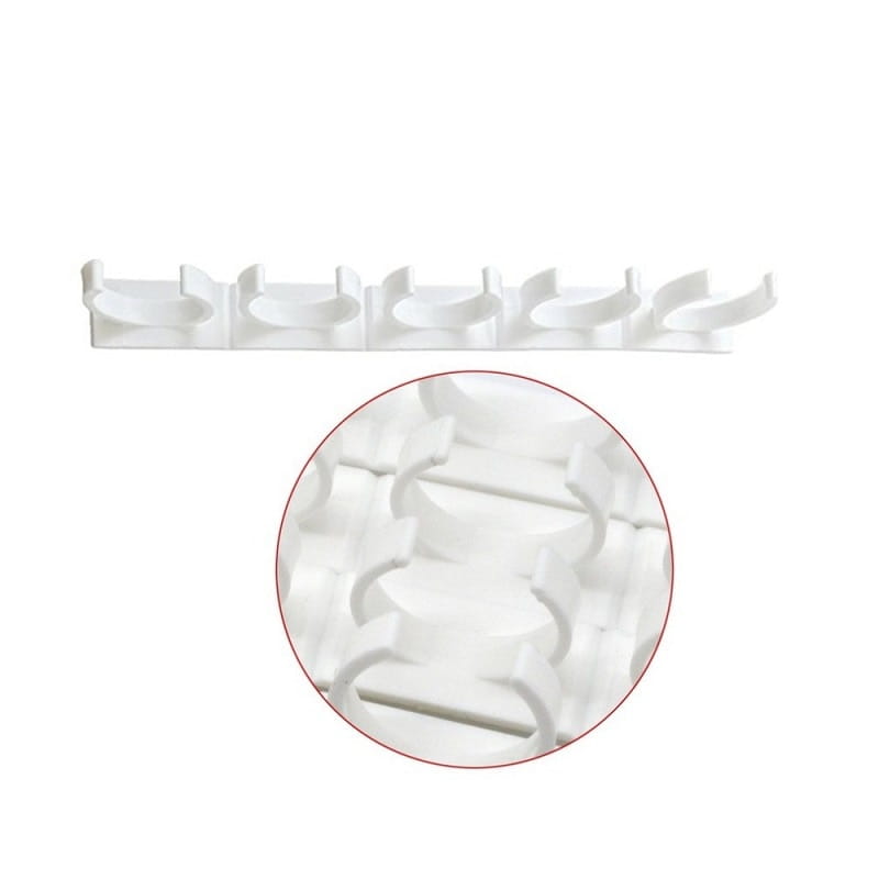 white plastic wall mount coat rack with five curved hooks designed for spice rack organizer adhesive clips