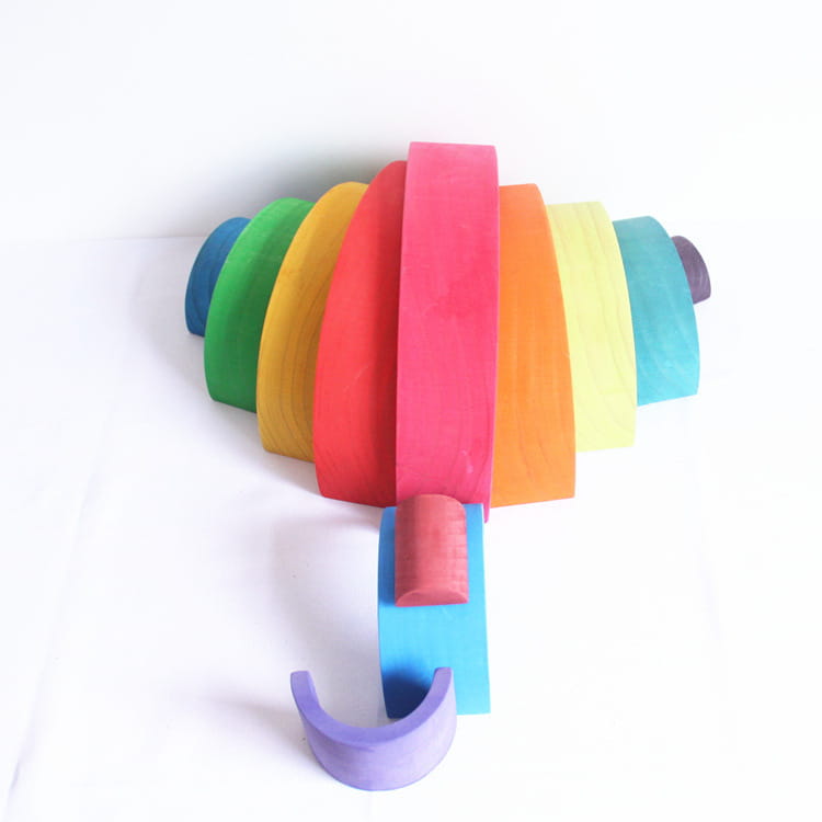 Rainbow wooden stacking arch bridge 12 piece puzzle toy featuring rainbow-colored wooden arches arranged in a spiral pattern.