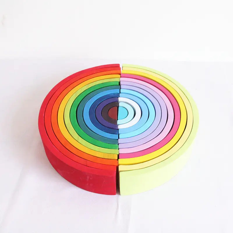 rainbow wooden stacking arch bridge 12 piece puzzle toy featuring rainbow-colored wooden stacking rings arranged in a circular pattern.