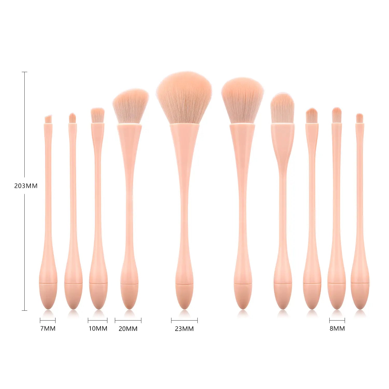 Set of ten blush and foundation makeup brushes with peach-colored handles and soft fluffy nylon bristles in a pink makeup brush set 10pc professional nylon tools.