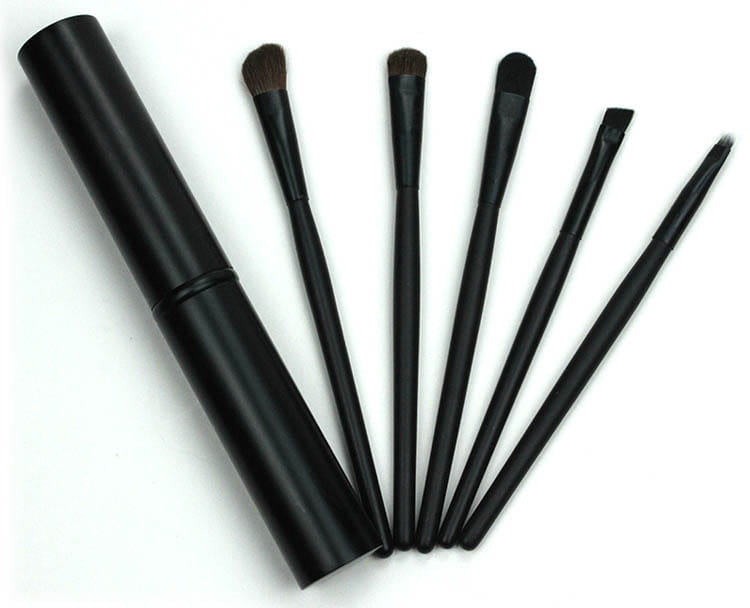 Black makeup brush set with six assorted-sized brushes and a matching cylindrical case for travel eye makeup application.