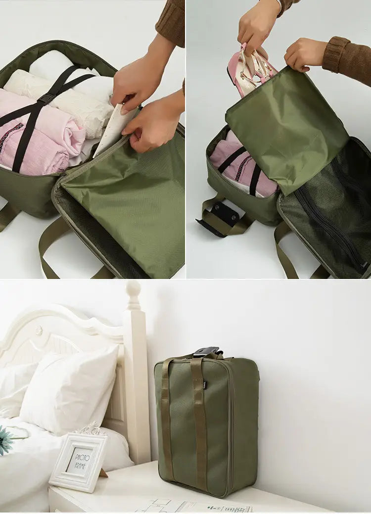 Olive green travel bag cotton canvas storage cube organizer with multiple compartments and adjustable straps for efficient packing.