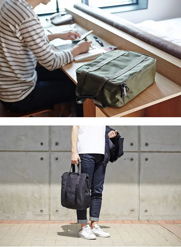 Olive green travel bag made of cotton canvas with reinforced straps and zipper closure designed as a storage cube organizer.