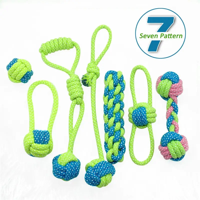 bright green and blue knotted rope dog toys made of durable material designed for small and medium dogs available in seven variants