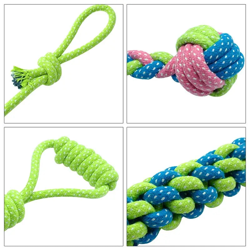 Brightly colored multicolored rope dog toy with a knotted design and textured surface for small and medium dogs available in seven variants.