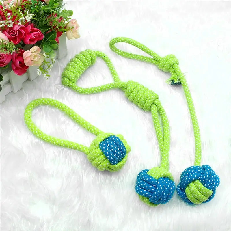 Bright green and blue rope-knotted dog toys with textured durable fabric design for small and medium dogs available in seven variants