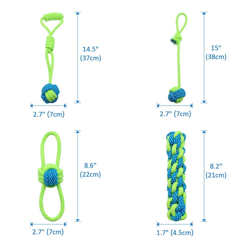 Bright green and blue dog rope toys for small and medium dogs featuring knotted handles and textured braided surfaces in seven variants.