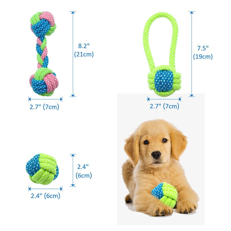 Brightly colored dog rope toys for small and medium dogs in neon green pink and blue made of durable braided and knotted fabric.
