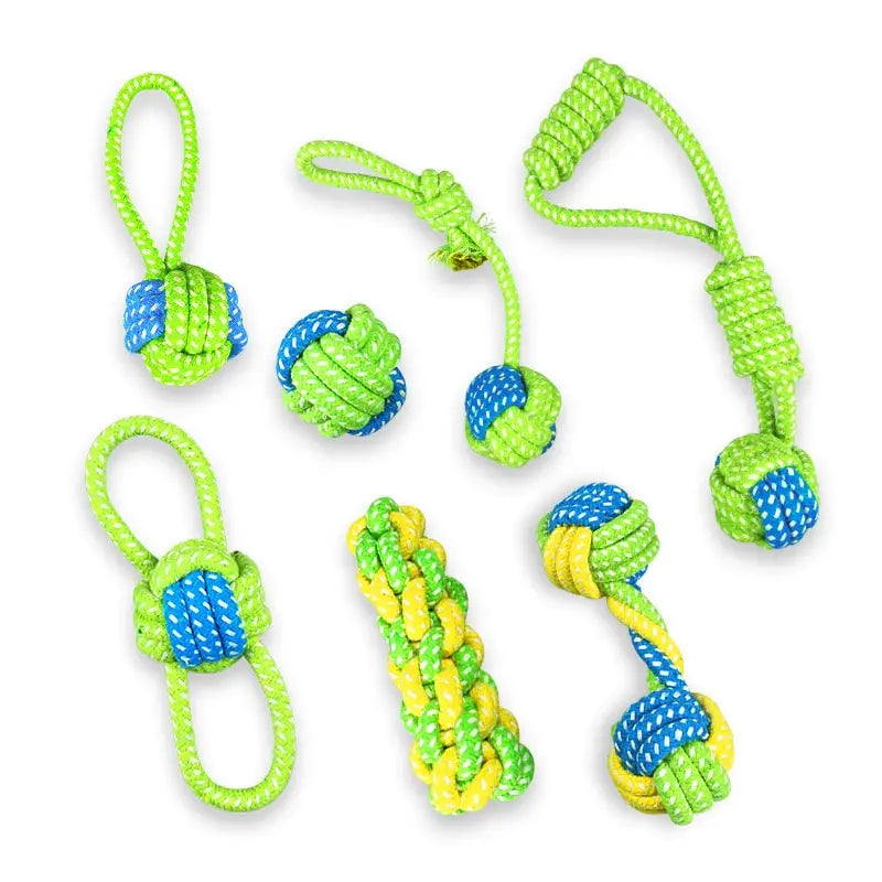 dog rope toys for small and medium dogs featuring bright green and blue knotted designs made of durable rope material.