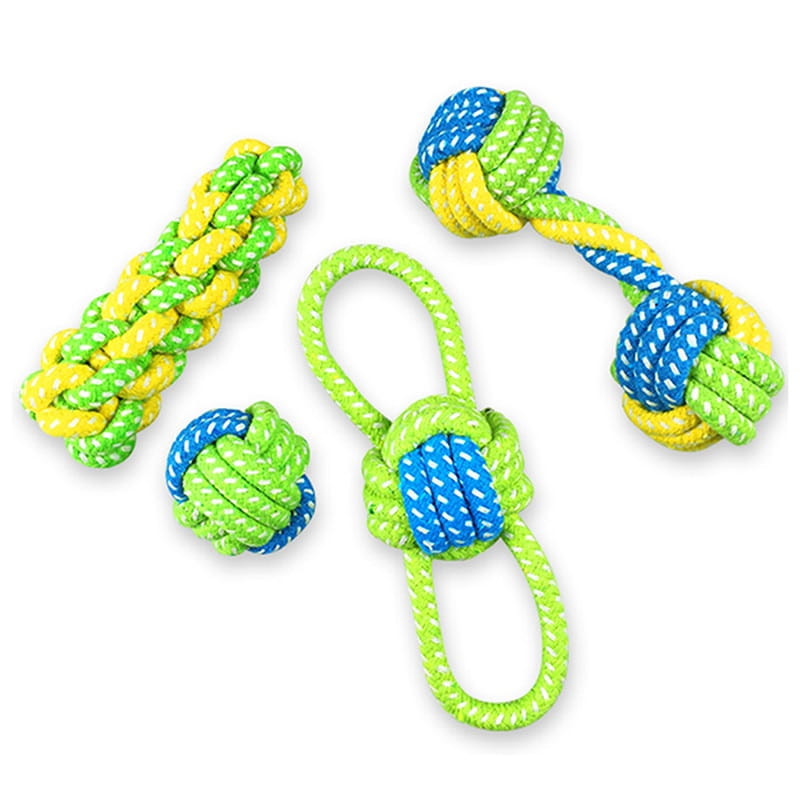Brightly colored rope dog toys in green yellow and blue designed for small and medium dogs featuring durable braided material from a set of seven variants.