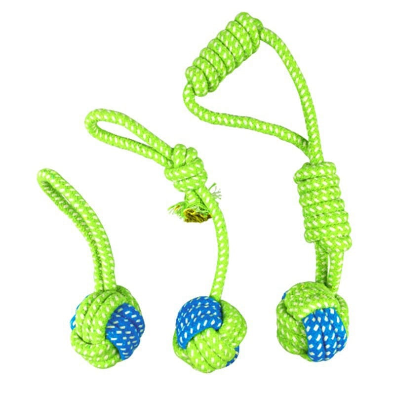 Set of three neon green and blue rope-knotted dog toys with braided handles designed for small and medium dogs in seven variants.
