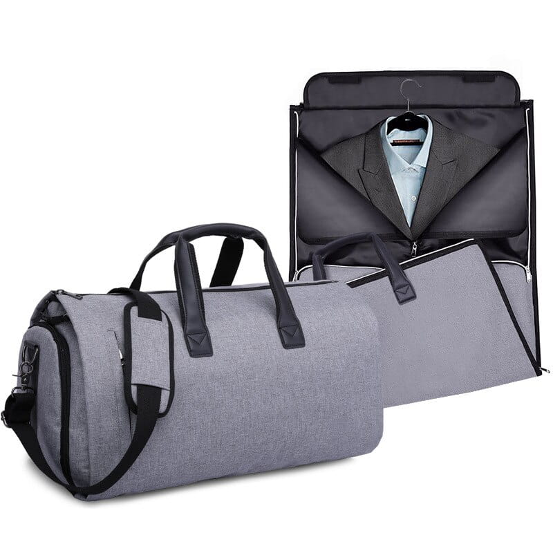 Gray textured fabric convertible garment travel bag with black handles and zipper accents shown alongside its built-in garment organizer and shoe pocket.