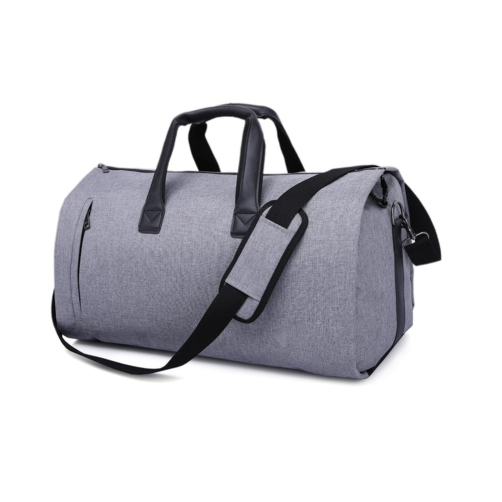 Gray textured fabric convertible garment travel bag with black leather handles adjustable shoulder strap and shoe pocket.