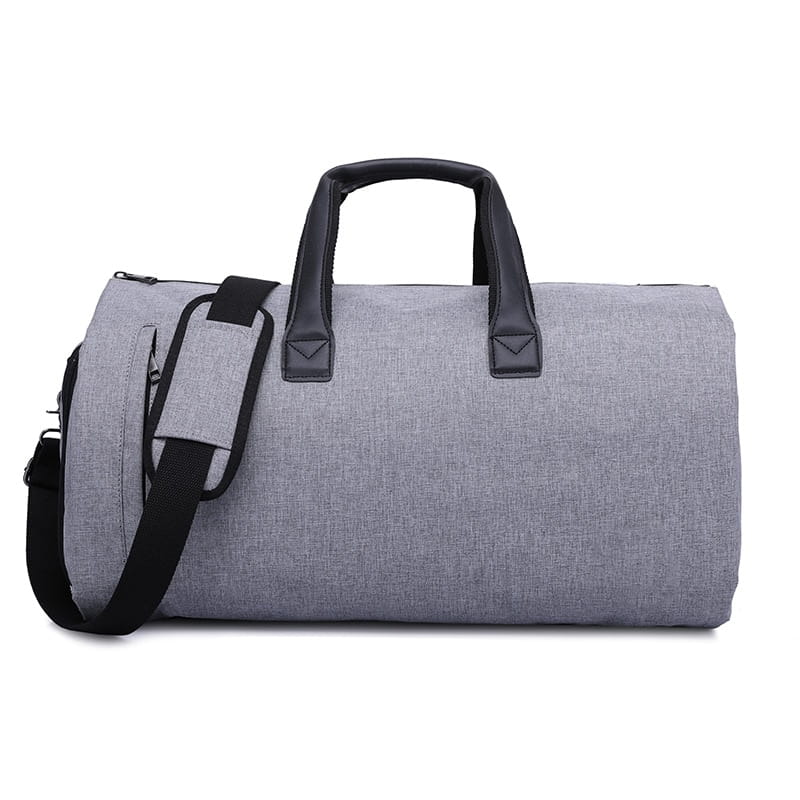 Gray textured fabric convertible garment travel bag with black leather handles and shoulder strap featuring a shoe pocket.